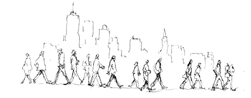single line drawing of people walking in London