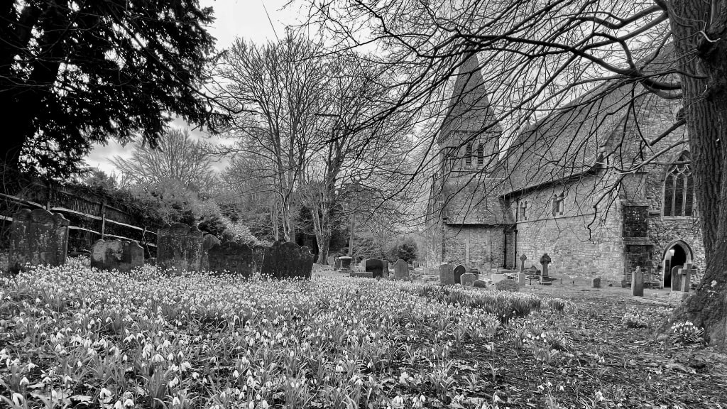 Worth church with snowdrops blooming