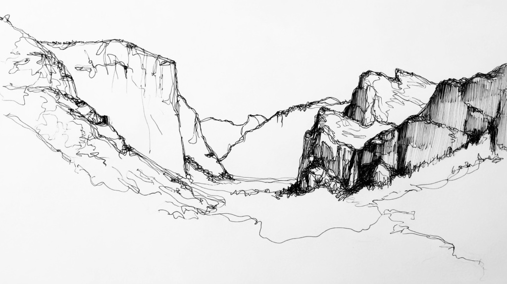 single line drawing of Yosemite and El Capitan