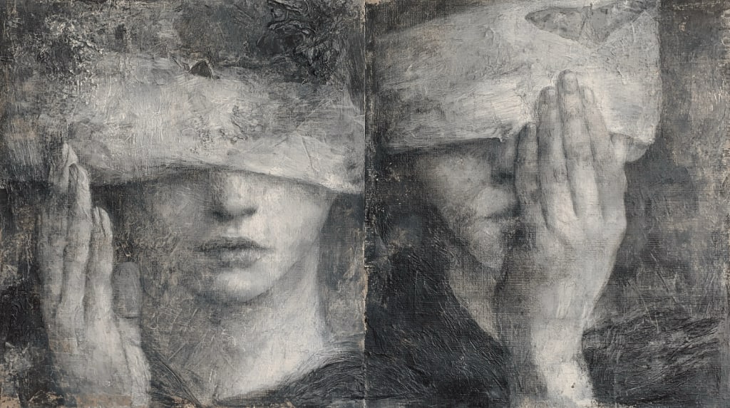 B/W dual-sided image of woman blindfolded