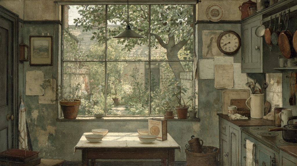 kitchen breakfast nook with window overlooking a small garden