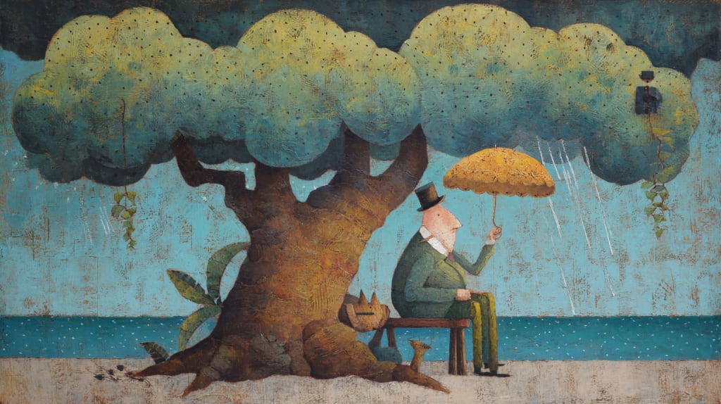 ai image, man sitting under a tree during a thunderstorm