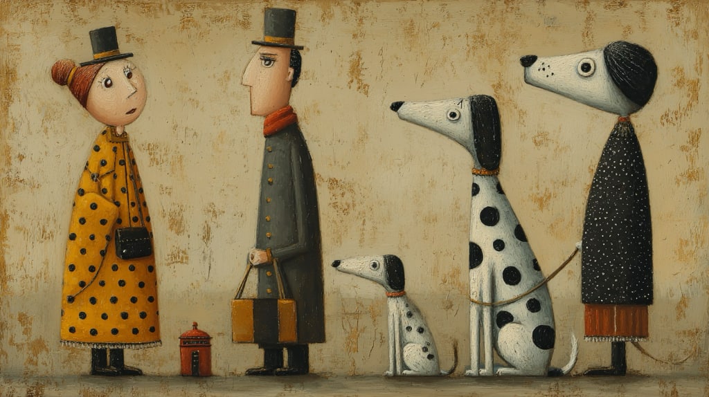 ai image of woman and man and three spotted dogs in cartoon