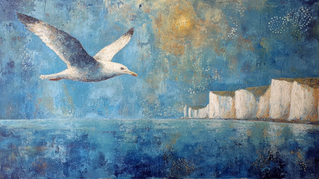 ai image seagull flying over the sea with white cliffs in the background