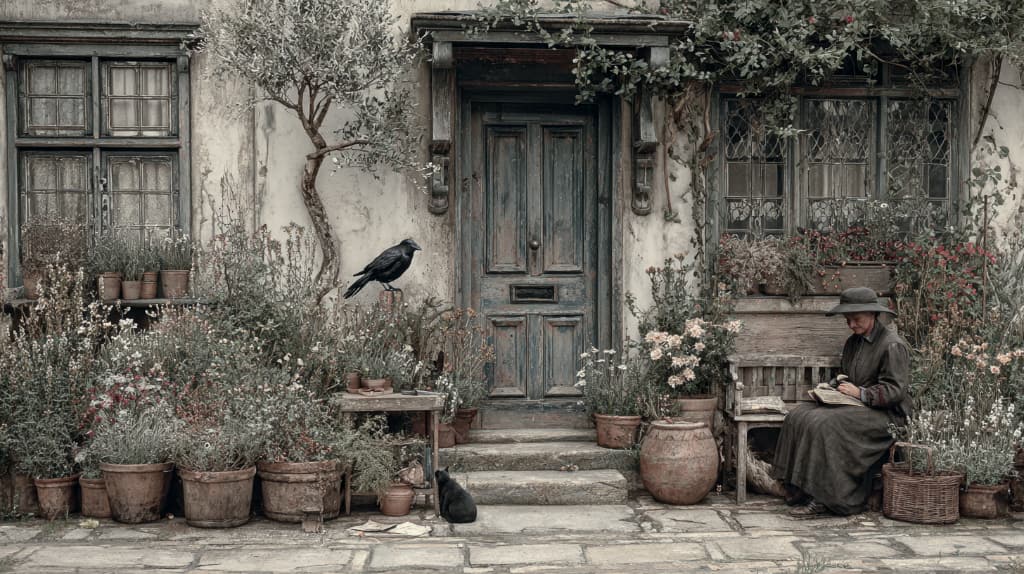 image woman surrounded by potted plants and flower, with crow on the tree branch and a cat on the front step