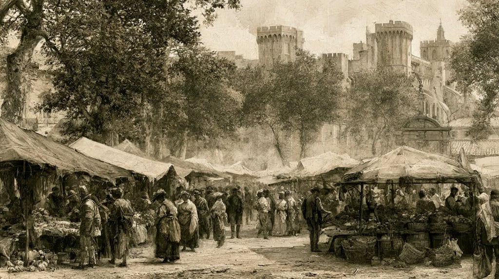 monochrome image of Avignon market during mid-1800s