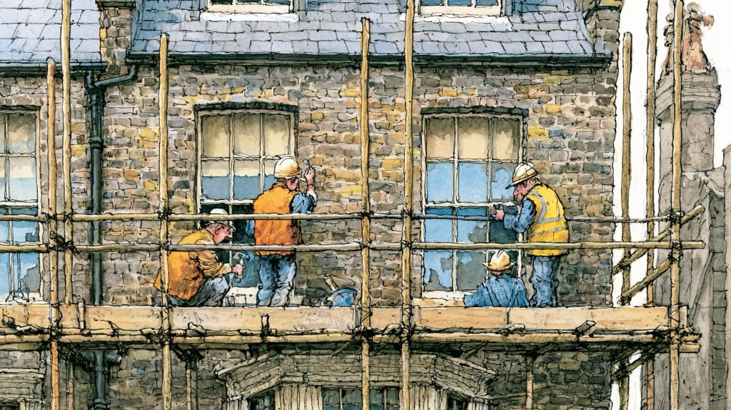 ai generated artwork of men working on scaffolding on a house.