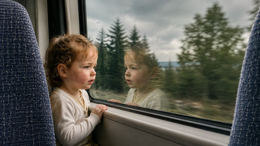 photo of a little girl looking the window of a train.