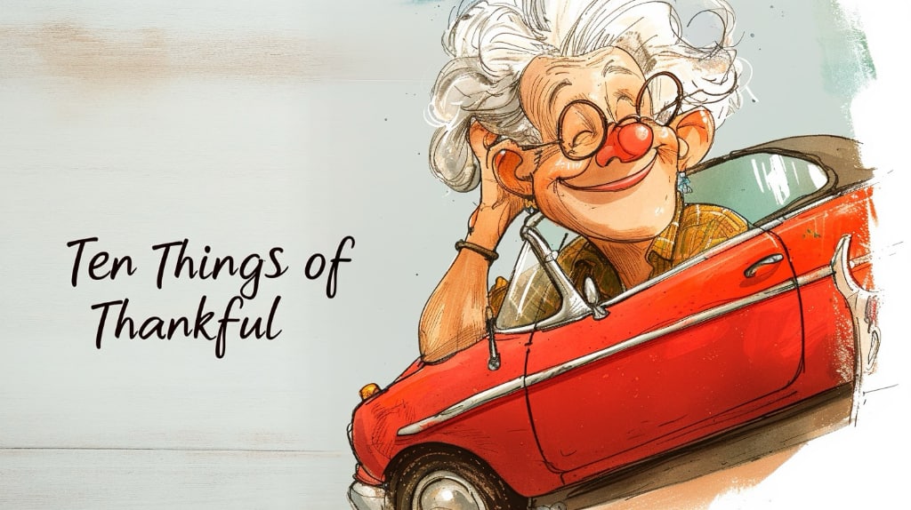 cartoon of old woman in a red sports car