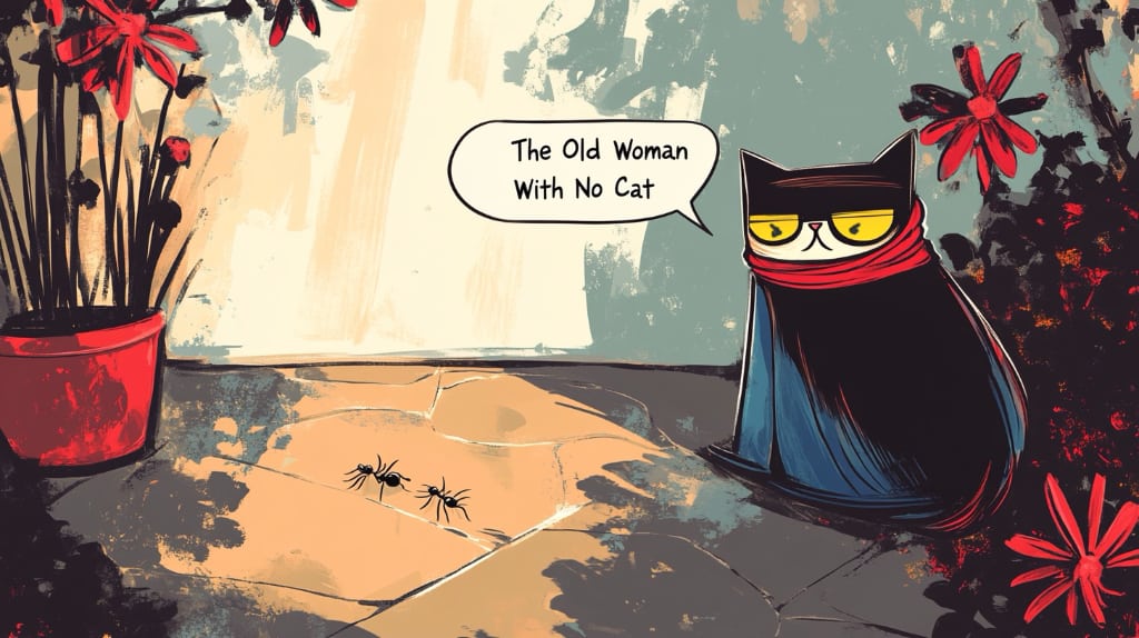 the cat plays with ants on the patio