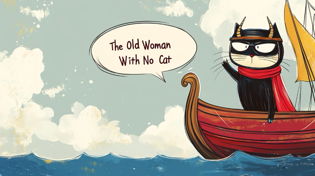 the cat dressed as a viking standing at the bow of his viking ship