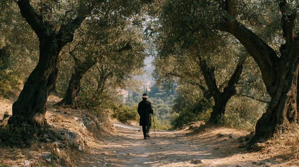 man walking on a dusty track of road in the summer heat