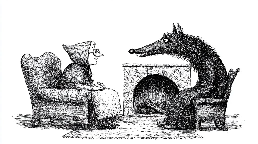 granny speaking with a wolf by a fireplace