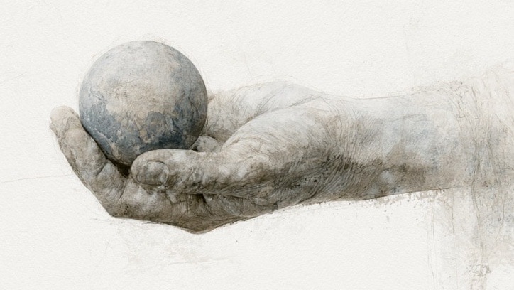drawing of a hand holding the earth