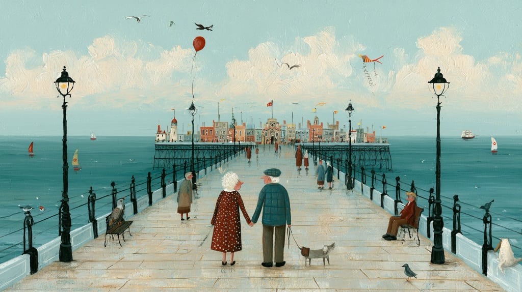 old man and woman walking on an English pier