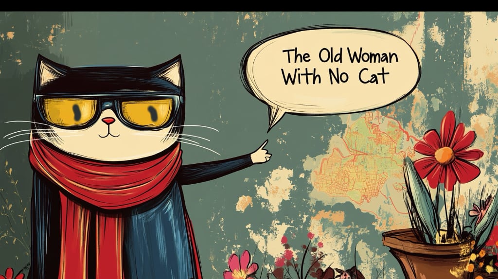 old woman no cat, cat standing in front of a weather map