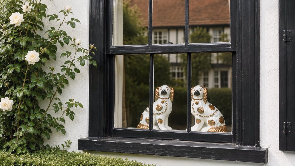 Wally Dog ceramic Staffordshire dogs in the window of an English house