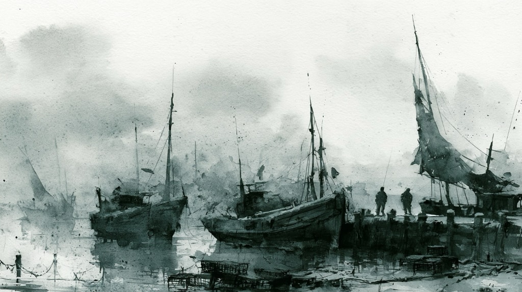 wet watercolour in greys and blues, icy harbour with fishing boats