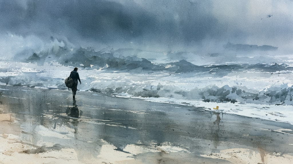 wet watercolour, beach with heavy waves and a woman walking on the beach