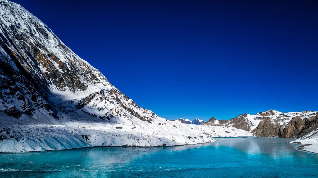 blue lake, snowy mountains, clear sky