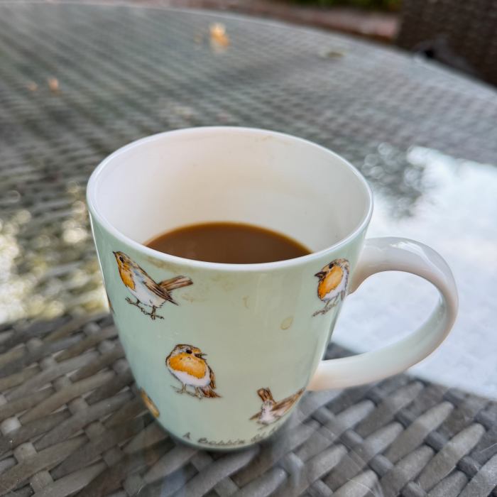 a coffee cup with images of robins on it.
