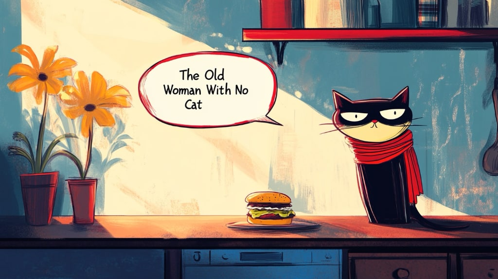 cartoon drawing of cat in a sunbeam sitting on the kitchen table looking at a sandwich