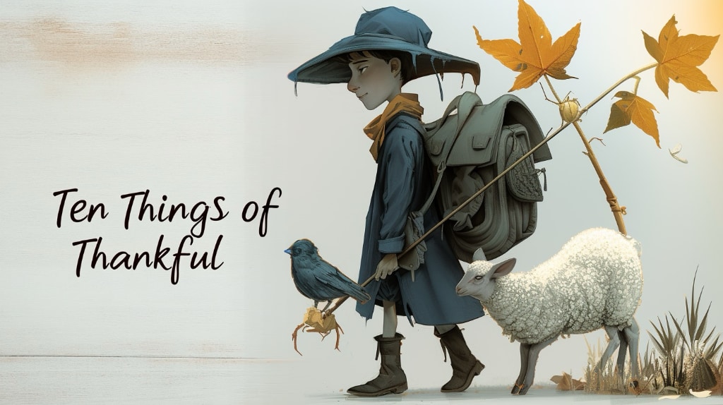 ai girl with backpack and wide brim hat, crow on her walking stick and a lamb at her side
