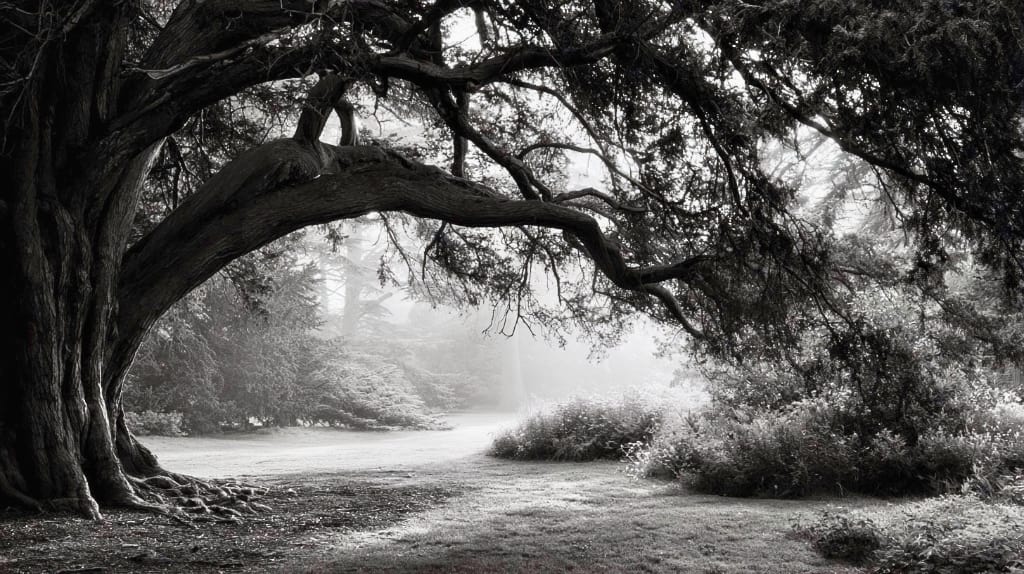 yew tree view park monochrome image of yew tree in a park setting