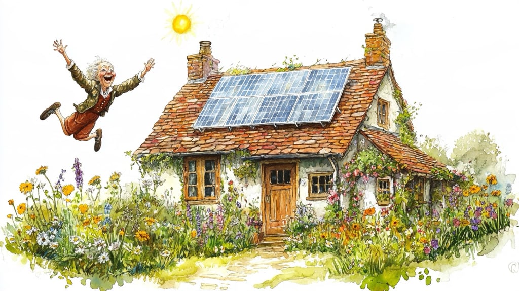 cartoon drawing of a woman jumping for joy as sun beams hit the solar panels and make electricity.